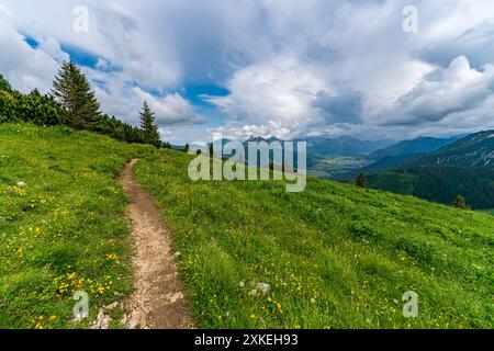 Tour de montagne à Schattwald de la Wannenjochbahn à la Kuhgrundkopf dans le Tannheimer Tal Banque D'Images