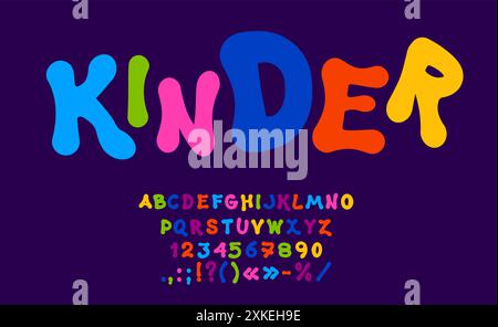 Police funky, type mignon drôle, police d'enfants, jeu de dessin animé alphabet anglais. Ensemble de typographie vectorielle d'éducation des enfants de lettres et de nombres de couleurs vives Illustration de Vecteur