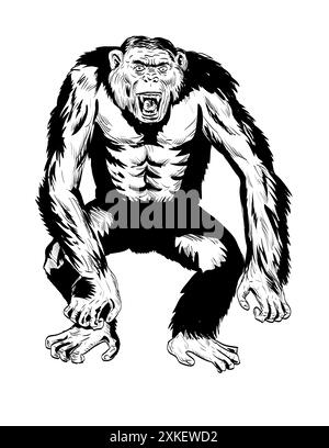 Dessin de style BD ou illustration d'un chimpanzé agressif en colère en position de combat vu de l'avant sur un arrière-plan isolé en noir et blanc Illustration de Vecteur