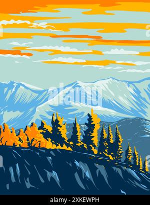 Affiche WPA du parc national Vuntut, situé dans le nord du Yukon au Canada, réalisée dans le cadre de projets d'œuvres d'art ou de projets d'art fédéraux. Illustration de Vecteur