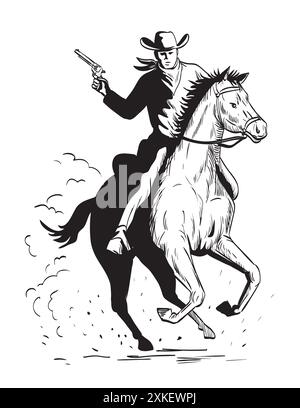 Dessin de style BD ou illustration d'un cow-boy avec un pistolet à cheval galopant vu de l'avant sur fond isolé en noir et blanc Illustration de Vecteur