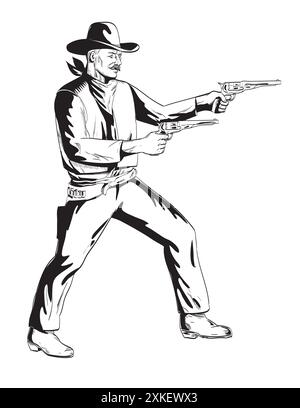 Dessin de style BD ou illustration d'un cow-boy avec deux revolver pistolet visant du côté sur fond isolé en noir et blanc rétro Illustration de Vecteur