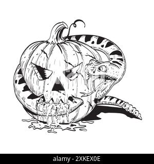 Dessin de style BD ou illustration d'une citrouille d'Halloween Jack-o-lanterne combattant piquant un serpent vipère de crotale vu de devant sur bac isolé Illustration de Vecteur