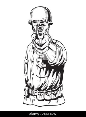 Dessin de style BD ou illustration d'un soldat GI américain de la Seconde Guerre mondiale visant le pistolet vu de face sur fond isolé en noir et blanc Illustration de Vecteur