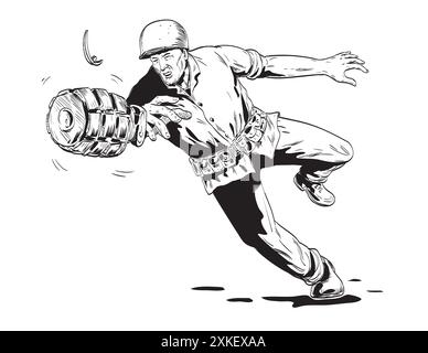 Dessin de style BD ou illustration d'un soldat GI américain de la Seconde Guerre mondiale qui lance une grenade à main vue de front sur un fond isolé fait en bla Illustration de Vecteur