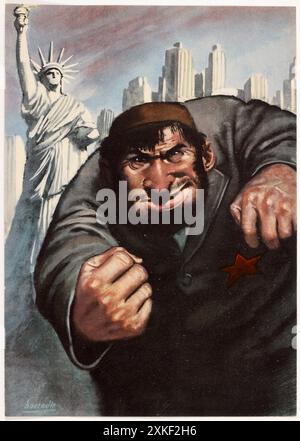 Une affiche anti-juive et anti-communiste de 1943 (dans la vision du monde nazie, le judaïsme et le communisme étaient intimement et inextricablement liés), montrant un juif caricatural avec une étoile rouge serrant le poing. Banque D'Images