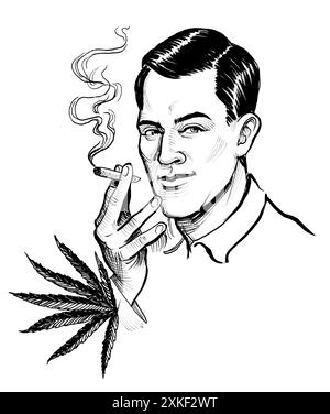 Homme fumant un joint de marijuana. Illustration noire et blanche à l'encre de style rétro dessinée à la main Banque D'Images