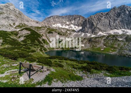 Excursion panoramique en montagne à Ehrwald via le Tajatorl jusqu'à Drachensee, Coburger Hut et Seebensee dans la Tiroler Zugspitz Arena Banque D'Images