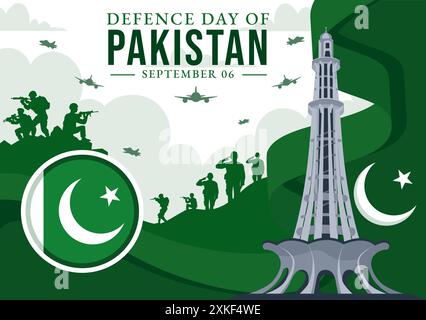 Illustration vectorielle de la Journée de la défense du Pakistan le 6 septembre avec drapeau agitant, jets, armée, bâtiment et chars dans un fond de dessin animé de style plat Illustration de Vecteur