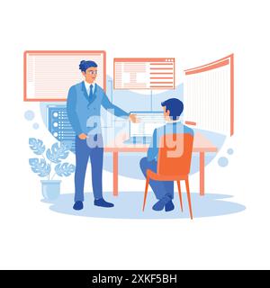 Jeune programmeur IA et équipe de développeurs INFORMATIQUES discutant de la programmation sur les ordinateurs de l'entreprise. Discutez du concept d'information. tendance moderne vecteur plat il Illustration de Vecteur
