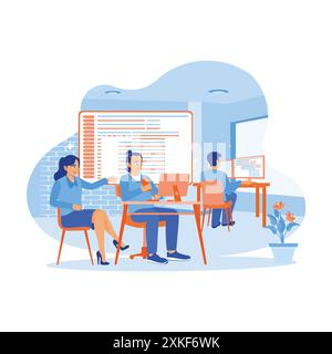 Équipe de développeurs de logiciels travaillant dans un bureau moderne. L'équipe de développement junior discute avec l'équipe de développement senior au sein du bureau. APP Illustration de Vecteur