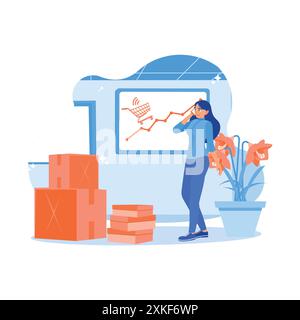 Propriétaire d'entreprise d'expédition de goutte femelle travaillant au siège social. Recevez les commandes des clients par téléphone. Concept de confirmation de commande. mode tendance Illustration de Vecteur