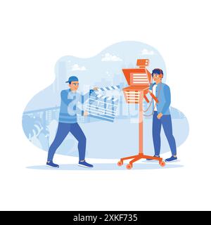 Un homme tenant un batteur de film et un caméraman se tient derrière la caméra. Les coulisses du processus de réalisation et l'équipe de tournage. Vidéo Illustration de Vecteur