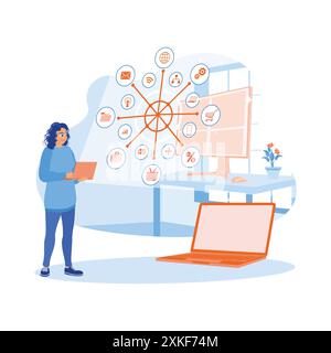 Femme d'affaires travaillant dans le bureau moderne. Travailler en utilisant l'ordinateur, l'ordinateur portable et la tablette numérique avec diagramme d'icône virtuel. Concept d'entreprise numérique. tre Illustration de Vecteur