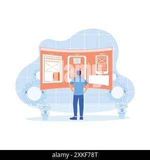 Designer UI/UX développant un site web au bureau. Examinez les esquisses de conception de mise en page filaire pour obtenir du contenu Web réactif avec des écrans AR. Conc. De conception Web Illustration de Vecteur