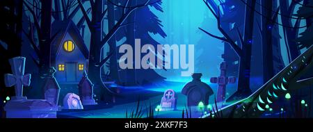 Paysage d'Halloween effrayant avec une maison hantée effrayante près de tombes de pierre sur le cimetière la nuit. Illustration vectorielle de dessin animé de la maison et du cimetière dans la forêt avec des arbres et un sentier sous le clair de lune. Illustration de Vecteur