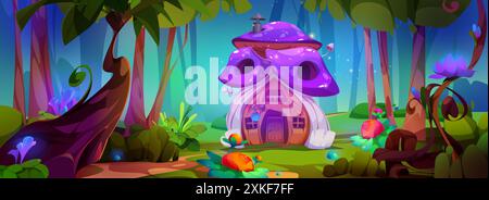 Elfe de fée magique ou maison de champignon gnome avec effet de lueur néon dans la forêt sur la rive du lac. Vecteur de dessin animé paysage boisé fantastique avec une petite maison fantastique confortable faite de toadstool avec chapeau violet. Illustration de Vecteur