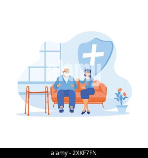 Une jeune infirmière et un vieux patient masculin sont assis sur le canapé. Une infirmière examine un patient pendant la convalescence dans une maison de soins infirmiers. Concept de patient âgé. Illustration de Vecteur