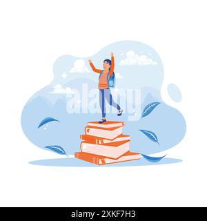 Retour à l'école ! Enfant fille diligent et mignon debout sur une tour de livre à l'extérieur. Concept d'éducation. illustration plate vectorielle moderne tendance Illustration de Vecteur