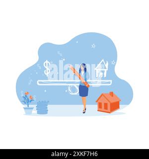 Une femme mature se tient debout tout en tenant un crayon. Créez et dessinez des icônes d'argent et des balances de maison sur le tableau. Concept d'équilibre du modèle de maison. Illustration de Vecteur