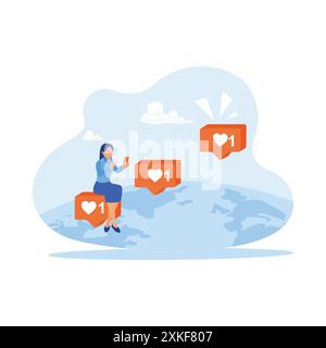 Femme heureuse tapant télégramme instagram sur téléphone portable. Une femme est assise sur un bloc représentant un symbole de cœur sur une carte du monde. Concept de conception Web. tren Illustration de Vecteur