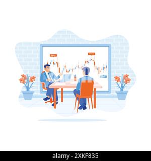 Homme d'affaires parlant du marché boursier d'investissement à l'aide d'un ordinateur portable avec courtier trader. Analyse de la gestion financière avec des graphiques en chandelier dans le off Illustration de Vecteur