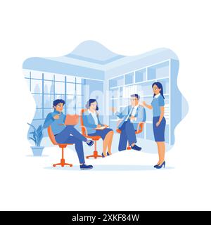 Groupe de jeunes gens d'affaires recherchant et planifiant le travail dans la salle de réunion. Échangez des idées et discutez ensemble pendant les réunions. Discutez d'Informa Illustration de Vecteur