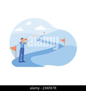 Homme d'affaires debout au début de la route et regardant à l'aide d'un télescope. Le concept de motivation et les stratégies de carrière vers la réussite. Attention Illustration de Vecteur