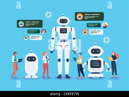 Les personnes avec Android robots robot de chat d'intelligence artificielle. Cyborg Technology et Futuristic Intelligence machine. Design graphique dans un style plat Illustration de Vecteur