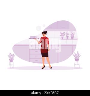 Serveuse de restaurant féminine sympathique portant un tablier dans la cuisine moderne. Apportez les boissons sur un plateau que les clients ont commandé. Professions diverses pe Illustration de Vecteur
