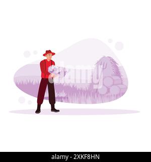 Un jeune agriculteur portant un chapeau et des bottes travaille dans le jardin. Agriculteur tenant un panier contenant des légumes fraîchement cueillis du jardin. Divers Illustration de Vecteur
