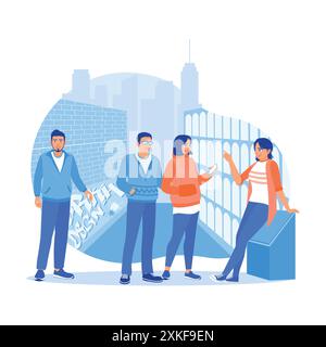 Les jeunes touristes utilisant des smartphones sont dans la rue. Le guide touristique explique la culture et le tourisme là-bas. Concept de guide touristique. tendance moderne v Illustration de Vecteur