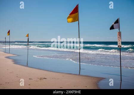 Drapeaux de sécurité pour la baignade et le surf sur le rivage à Broadbeach, Queensland, Australie Banque D'Images