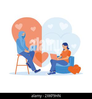 Une jeune femme assise sur un canapé à l'intérieur de la maison. Rencontres en ligne avec un faux petit ami. Concept de fraude sur Internet. Concept de rencontres en ligne. Tendance moderne Vec Illustration de Vecteur