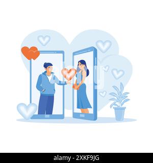 Jeune couple utilisant l'application de rencontre en ligne sur un smartphone. Ils parlent et codent leur cœur pour leurs partenaires. Concept de rencontres en ligne. Vecteur moderne tendance f Illustration de Vecteur