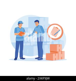 Un homme travaille dans une usine d'entrepôt. Le gestionnaire de l'entrepôt signe le connaissement après réception des marchandises pour livraison. Concept de confirmation de commande. Illustration de Vecteur