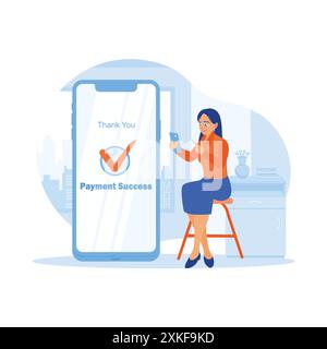 Une femme est assise sur une chaise à l'intérieur de la maison. Elle utilise une application pour smartphone pour effectuer des transactions en ligne pour ses commandes. Concept de confirmation de commande. TREN Illustration de Vecteur