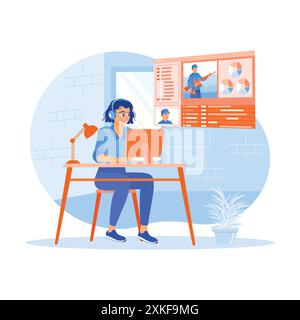 Éditeur vidéo féminin utilisant des écouteurs dans le loft de bureau créatif. Montage de films enregistrés à l'aide d'un logiciel installé sur un ordinateur. Concept d'éditeur vidéo. Tendance moderne v Illustration de Vecteur