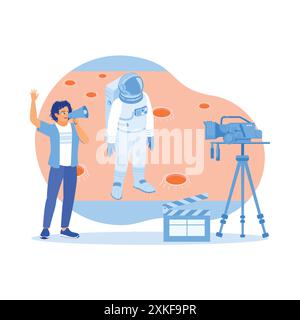 Le directeur de la photographie tourne des scènes sur mars avec un grand écran LED. Dans les coulisses du cinéma astronaute. Concept de production cinématographique. Tendance moderne ve Illustration de Vecteur