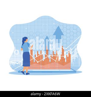 Femme d'affaires utilisant la tablette avec une flèche vers le haut avec graphique d'affaires. Concept de croissance économique. Concept Technology avec hologramme Forex Graph. Mode tendance Illustration de Vecteur