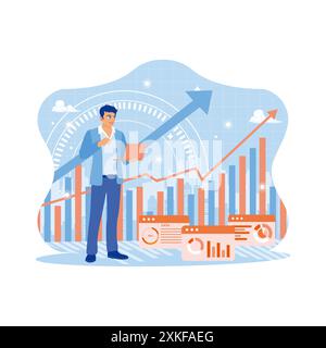Homme d'affaires utilisant un ordinateur portable avec des graphismes créatifs. Analyste d'homme d'affaires travaillant avec le graphique de données commerciales financières numériques. Concept de finance et de commerce. Illustration de Vecteur