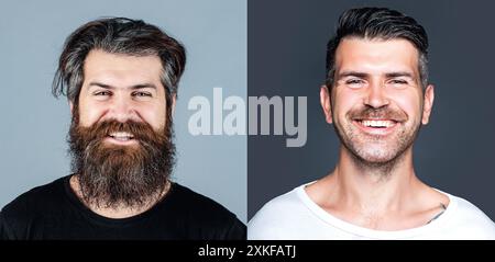 Sérieux vs homme barbu heureux. Barbe et moustache. Concept de salon de coiffure. Portrait pour barber. Rasage. Barbe, rasage après et avant. Longue barbe. Masculin Banque D'Images