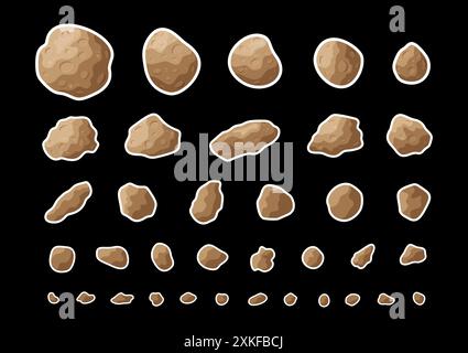 Ensemble graphique vectoriel d'autocollants de météorite d'espace plat. Collection de taches isolées avec des astéroïdes, des roches de ceinture et des météorites dans la conception de style plat de couleur Illustration de Vecteur