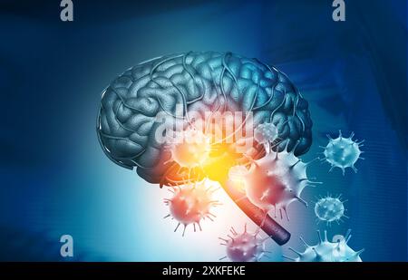 Virus attaquant un cerveau humain. illustration 3d. Banque D'Images