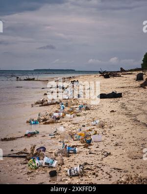 Superbe plage sur Sumatra, éclipsée par la réalité de la pollution moderne. Le contraste de la beauté naturelle avec les plastiques jetés. Environnement. Banque D'Images