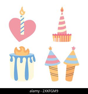 Cute Children Birthday Stuff Cake Burning Candle Vector illustration Set Illustration de Vecteur