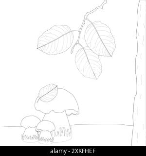 Livres de coloriage pour enfants. Trois champignons sont debout dans l'herbe, au-dessus d'eux se trouve une branche avec des feuilles d'automne, un arbre se dresse à proximité, automne. Vecteur bla Illustration de Vecteur