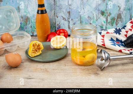 Préparation de mayonnaise dans un bocal en verre avec un mélangeur vertical à immersion, soft focus Banque D'Images