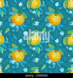 Motif sans couture de fruits orange dessinés à la main de vecteur. Illustrations d'agrumes lumineux, d'oranges et de fleurs sur fond sombre Illustration de Vecteur