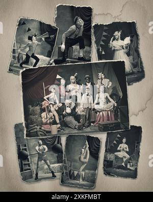 Collage de style vintage d'artistes de cirque, avec des photos sépia d'acrobates, de clowns, d'homme fort et de dame barbu. Nostalgique et enchanteur Banque D'Images